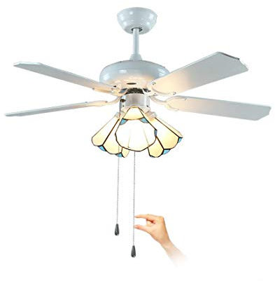 42 pulgadas de estilo Tiffany ventilador de techo con luces, luz regulable LED ventilador de techo con pantalla de vidrio para salón Lámpara del dormitorio de los niños, 5 alas de madera,3lights