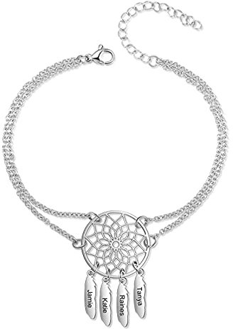 Lam Hub Fong Fußkettchen/Armband Damen mit 2~7 Name Personalisierte Frauen Namen Fußkettchen Mit Anhänger Traumfänger Armband Einstellbare Länge Geschenk für Frauen Frau Freundin (4 Namen)