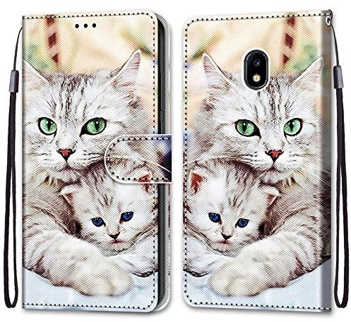 Mo-Somnus Kompatibel mit Samsung Galaxy J3 2017 / J330 Hülle, Leder Handyhülle mit Kartenfach Geld Slot Ständer PU Ledertasche Wallet Flip Brieftasche Magnetische Schutzhülle Case Etui (Katzen 2)