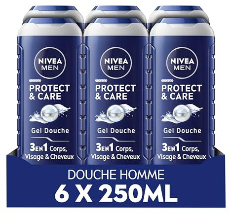NIVEA MEN Gel douche Protect & Care (lot 6x250 ml) — Soin lavant enrichi en Aloe Vera naturel — Gel douche homme 3 EN 1 — Soin nettoyant corps visage et cheveux à la formule hydratante
