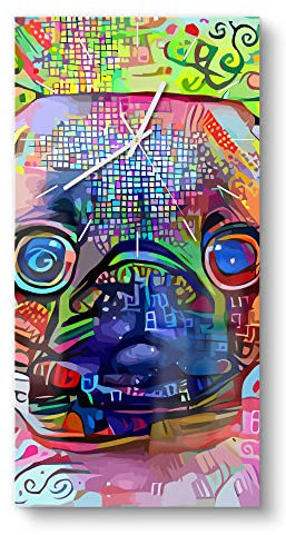 DEQORI Glasuhr | horizontal 30x60 cm | Motiv Schrilles Mops-Porträt | große XXL Design Uhr aus Glas | leise Wanduhr für Wohnzimmer & Küche | Moderne Hingucker Uhr für die Wand