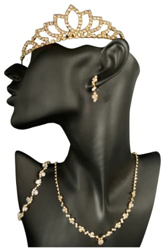 ONDEGO® GOLD Schmuckset Halskette Ohrringe Armband Brautschmuck Diadem Haarschmuck Tiara Kommunion Ball Abiball Hochzeit Strass Glitzer Krone Mädchen Geburtstag Goldene Hochzeit Königin Braut