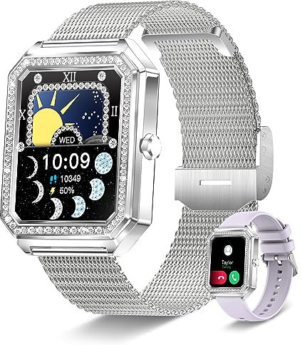 IARET Smartwatch Donna Chiamate Bluetooth,1.59 HD Orologio Diamante con Frequenza Cardiaca, Pressione Sanguigna, SpO2, Sonno, Assistente Vocale, Impermeabil per Android iOS, Regalo Donna, 2 Cinturini