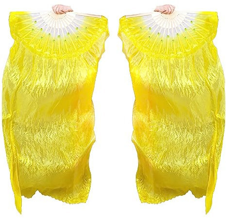 Hayaww 1 Paar FäCherschleier Bauchtanz, Bauchtanz Schleier Fans SchleierfäCher Schleier Lange FäCher Bauchtanz Bambus-FäCherschleier Dance Schleier, 1.8m, FüR GroßE Auftritte, Proben (Gelb)
