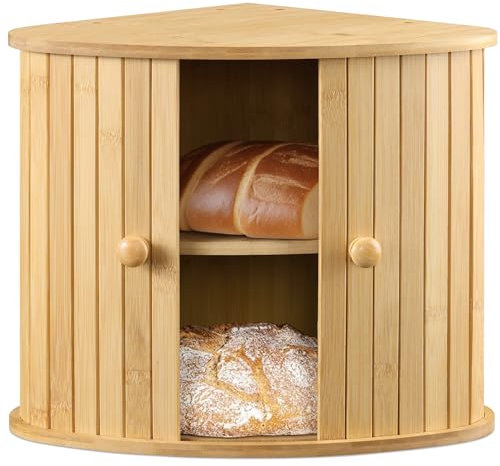 Navaris Wooden Bread Box - Countertop Kitchen Farmhouse Corner Wood Breadbox Container with Sliding Doors - 30 x 30 x 31 cm (11.81 x 11.81 x 12.20)