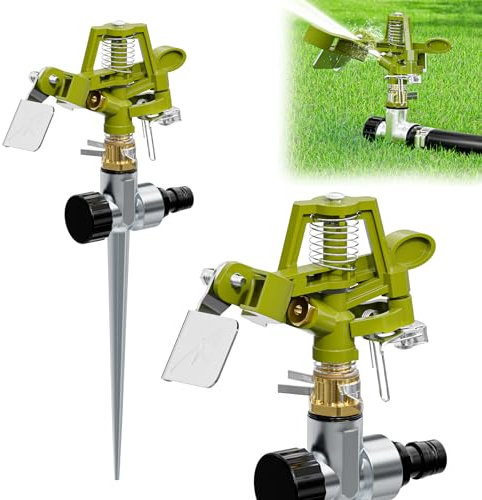 SPECILITE 2 Stück Messing-Schlagregner mit Ständer (Spike), 360° drehbarer, verstellbarer pulsierender Sprinkler, robuste Bewässerung für große Flächen, Hof, Rasen, Gewässer bis zu 7,9-9,8 m