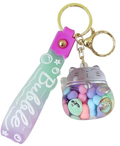 ZDHC Lucky Cat Flüssiger Schlüsselanhänger, niedliches Kawaii-Tier-Treibsand-Schlüsselanhänger, Autoschlüssel, Taschenanhänger, Zubehör für Frauen und Mädchen, Lila a, One size