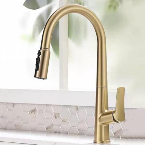 3 Wege Wasserhahn Küche Ausziehbar Spültischarmatur mit Brause Schwenkbar Einzelgriff Einloch Messing Mischbatterie Küche Ausziehbar mit Brause-Gebürstetes Gold