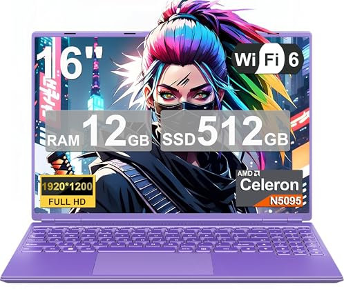 Ordinateur Portable Gaming 16 Pouces 12 + 512 Go Soutien Extension 1TB (HDD-2TB) 4 cœurs Celeron N5095 (jusqu'à 2,9 GHz)1920x1200 PC Gamer Portable,Laptop avec Écran 2K 2.4+5G WiFi Mini HDMI-Violet