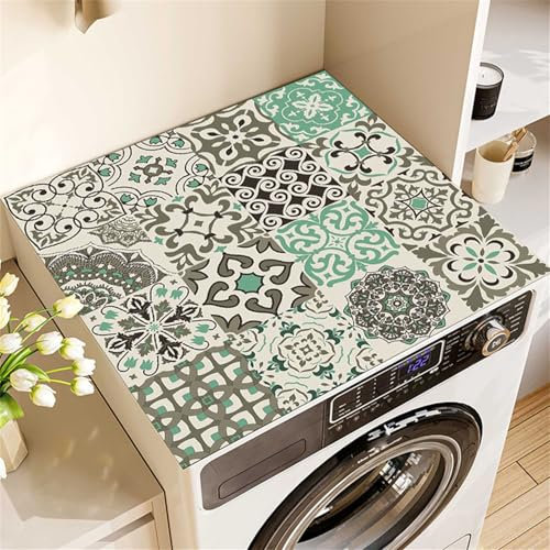 Highdi Washer and Dryer Top Protector, Mandala Washer and Dryer Top Mat Absorbent Quick Dry Silicone Mat, Anti Slip Dust Proof Washing Machine Mat for Laundry Room Home (Green,60x60cm)