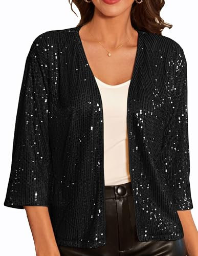 GRACE KARIN Damen Open Front 3/4 Ärmel kurz Leicht Jacke Business Casual Cropped Pailletten-Cardigan Mantel Strickjacke Cardigan M Schwarz-Pailletten