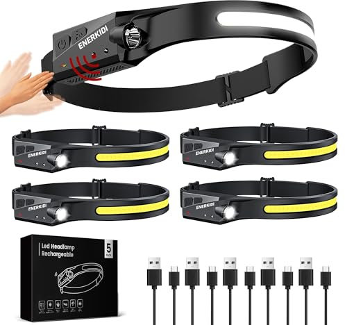 Confezione da 5 fari a LED ricaricabili per adulti, 5 modalità modalità sensore di luce della testa, fascio largo a 230°, faro IPX4, impermeabile, accessori da campeggio, regali per escursionismo,