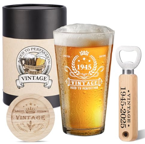 Geschenke zum 80 geburtstag mann, Vintage 1945 Bier Glas, Holz Flaschenöffner, Vintage Bier Geschenkbox, Holz Untersetzer und Grußkarte,80. Geburtstag Geschenkideen für Männer