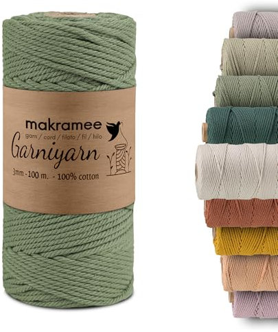 GARNIYARN Premium Macrame Garn – Weiches Baumwollseil für Makramee, DIY-Bastelprojekte, Wandbehänge, Pflanzenhänger und Wohnaccessoires (salbeigrün, 100m)