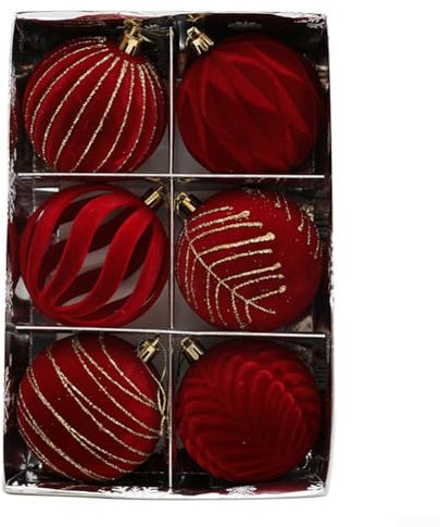 6 Pcs Wine Red & Green Flocking Christmas Ball Ornaments, Aesthetic Touch To Holidays With Christmas Ball Ornaments, Christmas Tree Baubles Christmas Decorations(Red)
