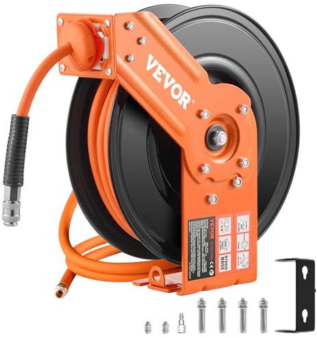 VEVOR Enrouleur Tuyau à Air Comprimé Hybride Fermé Rétractable 9,53 mm x 15,24 m Pression 300 PSI Rembobinage Automatique, Bras Unique, avec Tuyau 1,5 m, Support 180°, pour Montage au Plafond/Mur