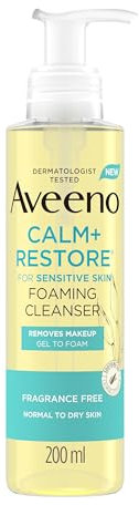 Aveeno Face CALM+RESTORE® Foaming Cleanser, Removes Makeup + Waterproof Mascara, Gel to Foam, For Sensitive Skin, Fragrance Free 200ml