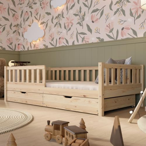 Crazy Pine Kinderbett mit Schublade 100x200cm – Massives Montessori Bodenbett aus Holz mit Rausfallschutz – Sicheres Kleinkindbett – Skandinavisches Design Leichte Montage - Crazy Basic