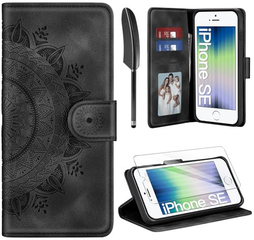 ivencase Lederhülle für iPhone SE 2022/2020 iPhone 8/7 Hülle und Schutzfolie, Premium Klappbar Handyhülle Flip Wallet, [Kartenfach] [PU Leder] [Ständer] Schutzhülle, Schwarz