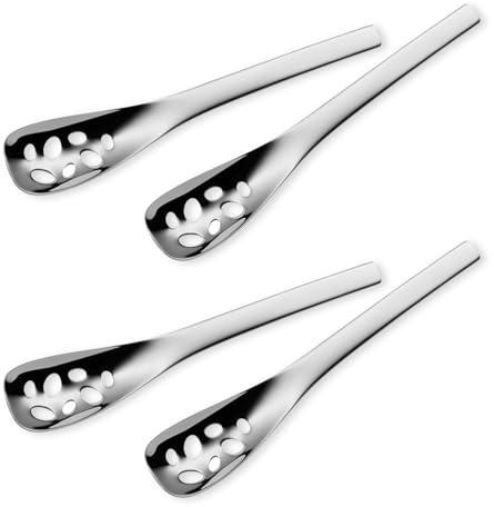 QZKJQDD Small Slotted Spoons, 4Pcs Modern Stylish Thick Heavy-Weight Short Handle Stainless Steel 7 Holes Durable Caviar Spoon for Soup Cereals Dips Curry Sauces Stews