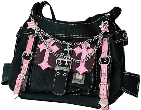 Y2k-Tasche, PU-Leder, Y2k-Geldbörse, großes Fassungsvermögen, Punk-Gothic-Geldbörse, Umhängetasche mit verstellbarem Riemen für Damen und Mädchen