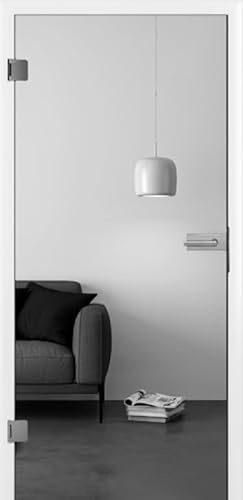 Hochwertige Ganzglas Wohnraumtür mit Zarge und Griff, ESG 8mm, Klar-/Milchglas, Weiße Zarge mit Durat®-Oberfläche, Höhe 1985 mm (Satinato/Milchglas, Breite 760 mm I DIN-Links I Maulweite 100 mm)