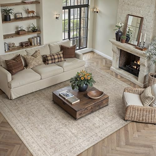 PureCozy Waschbarer Vintage Teppich 200x300cm Beige, rutschfest Tepich | Wohnzimmerteppich,Kurzflor Rutschfest,Weich Groß XXL Carpet,Leicht,Schlafzimmer, Esszimmer,Büro