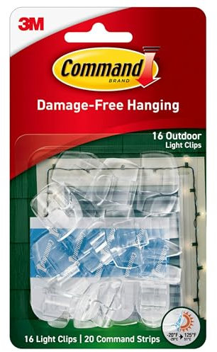 Command Outdoor Decorating Light Clips - 16 Mini Hooks and 20 Small Adhesive Strips,Transparent - Clips for Hanging Decorations and Fairy Lights Outdoors - Damage Free Hanging