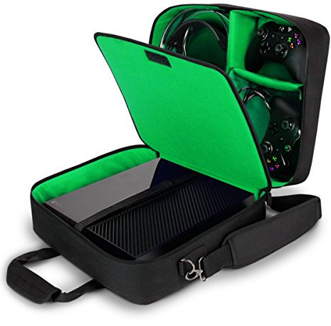 USA Gear Tragetasche für Gaming Konsolen - Schutz Konsolentasche mit Schultergurt und Unterteilbaren Fächer für Zubehör und Games – Kompatibel mit Xbox One X, Xbox One S und Weiteren Konsolen - Grün