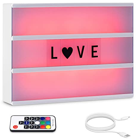 kwmobile Farbwechsel LED Lichtbox A4 mit Fernbedienung - 126 schwarze Buchstaben USB-Kabel - Kino Lightbox Leuchte - Deko Light Box Leuchtkasten