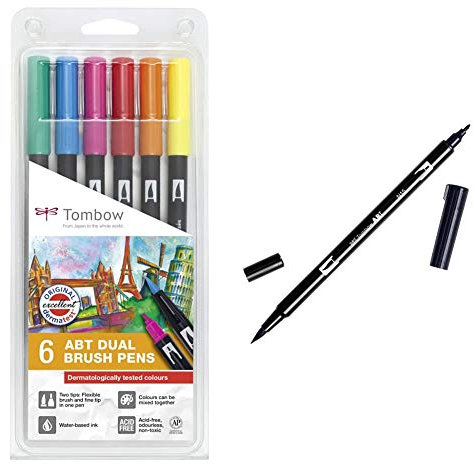Tombow ABT-6P-3 Fasermaler Dual Brush Pen mit zwei Spitzen 6er-Set dermatologisch getestet & ABT-N15 Fasermaler Dual Brush Pen mit zwei Spitzen, black