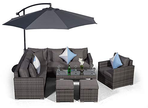 Giardino Havana 6 Seater Grey Rattan Corner Sofa Set + Armchair + 2 Stool Coffee Table + Parasol + Outdoor Furniture Cover | L Shaped Outdoor Corner Sofa | 10 Piece Patio Poly Rattan Garden Sofa Set