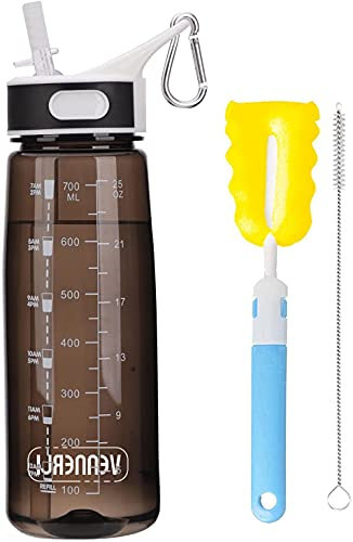 VENNERLI Wasserflasche 800ml Sport Trinkflasche mit Strohhalm Griff Zeitmarkierungen Auslaufsicher BPA Frei Ideal für Fahrrad Sport Yoga Camping(800ml Schwarz)