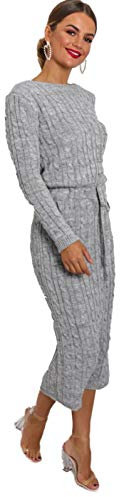 Crazy Girls Womens Cable Knit Belted Midi Dress, Grey, ML (UK 12-14)