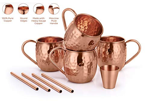 AVADOR Handgefertigtes Zubehör-Set mit 4 Untersetzern aus 100% reinem Kupfer mit gehämmerter Oberfläche für Zuhause, Küche, Büro, Wein, Moscow Mules und mehr
