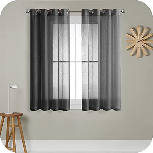 MRTREES Voile Gardinen Vorhang halbtransparent kurz mit Ösen in Leinenoptik Stores Gardinen Schals für Wohnzimmer Schlafzimmer Kinderzimmer Schwarz 145×140cm (H×B) 2er Set