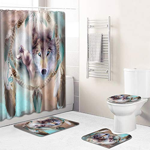 GUOCU Badezimmer Teppich Set-4 TLG,Badematten rutschfeste+Polyester Wasserdicht Antibakterielles Duschvorhang mit 12 Haken+Deckel WC Bezug+U-förmiger Matte Ozean/Wolfs Muster Badgarnitur L 50x80CM