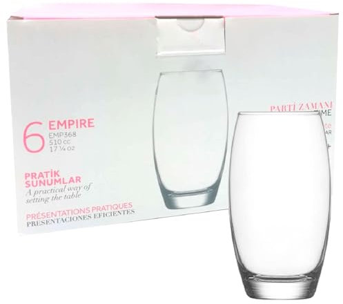 Tradineur - Caja de 6 Vasos Modelo Empire - Capacidad: 510 ml - Fabricado en Vidrio Resistente - Apto para lavavajillas - Tamaño Aprox: Ø 6,5 x 15 cm - 6 Uds Totales