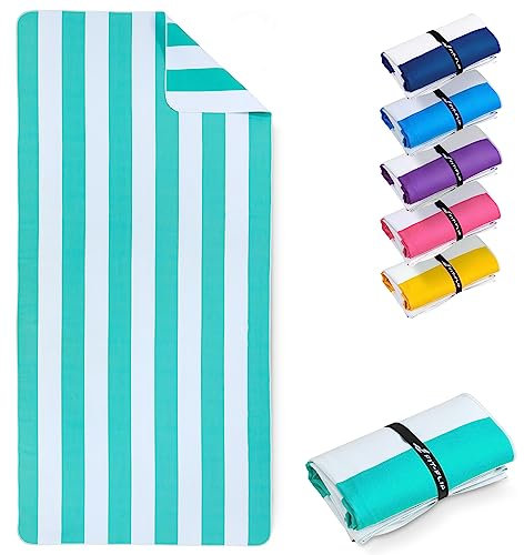 Fit-Flip Strandtuch XXL - Mikrofaser Badetuch - Strandtücher leicht und schnelltrocknend - 100% recyceltes Mikrofaser Handtuch - Strandhandtuch zum Baden (Türkis-Weiß gestreift 160x90cm)