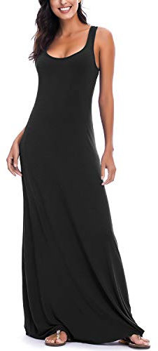 Mujeres Verano Informal Playa Sin Mangas Maxi Vestido Sólido Chaleco Largo Vestido (L, Negro)