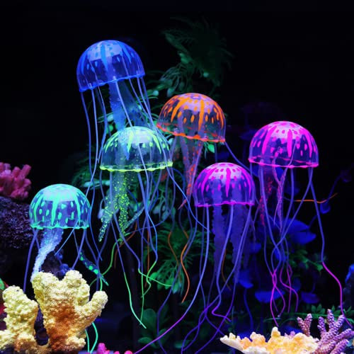 Petalum 6er Pack Jellyfish Dekoration Leuchtente Silikon Quallen mit Saugnapf Aquarium Dekoration Aqua Ornaments für Fisch Tank