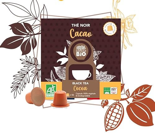 CAPSUL&BIO Thé Noir Cacao - Compatible avec les machines à Capsules Nespresso - 10 Capsules Biodégradables, 100% Végétales - Rapide et Sain - Fabriqué en France.