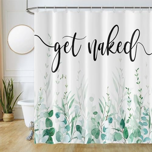 Uiiooazy Duschvorhang Eukalyptus Grün, Duschvorhang Aquarell Blätter Get Naked Sign Duschvorhänge Anti Schimmel Wasserdicht Polyester Stoff Waschbar Blickdicht Bad Vorhang mit 12 Haken 180Bx180Hcm