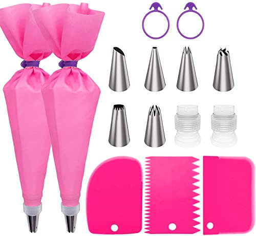 YOTOYOU Spritzbeutel Mit Tüllen 15 Stücke Torten Zubehör Set Silikon Spritzbeutel Kuchenschaber Silikonringe Standardkonverter,Backzubehör Für präzises Dekorieren Backkreationen Keksglasur (Rosa)