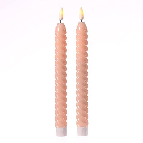 LED Stabkerzen TWIST Dinnerkerzen Tafelkerzen Echtwachs in gedrehter Form flackernde 3D Flamme H: 25cm Timer - 2er Set Tischkerzen in Spiralform (Hellrosa)