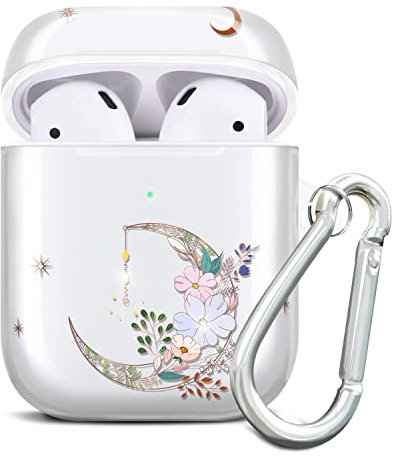 JIAXIUFEN Kompatibel mit AirPods Hülle Stoßfeste Silikon Kopfhörer Taschen Case Schutzhülle Zubehör mit Karabiner Kompatibel mit AirPods 2 & 1, Gold Moon