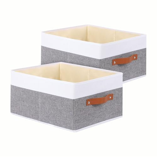 YheenLf Storage Basket for Shelves, 2-Pack Closet Bin with Handles, Open Foldable Baskets, Fabric Containers Clothes Boxes for Organizing, White and Grey, 33×23×14 cm