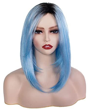 Perücken Perücke Natürliche Farben, Glattes, Kurzes Haar, Blau, Schwarz, Farbverlauf, Bob-Perücke, Synthetik, Bunt, Cosplay, Tägliche Party, Perückenkappe Täglichen Party