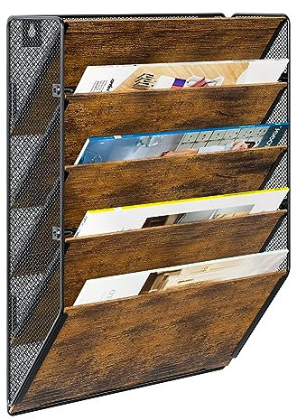 PAG Porte Document Mural à 5 étages Rangement Documents, En bois Rangement Bureau Organisateur,Trieur Mural Porte Revue A4 Présentoir,Convient Pour le Bureau /école/ Maison, Marron