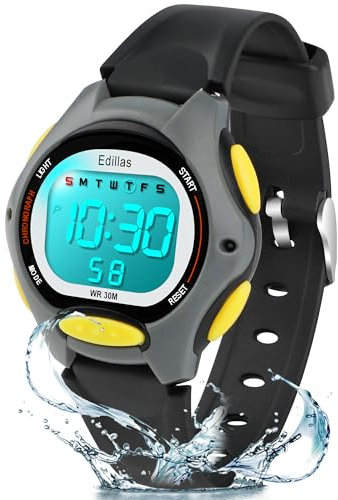 Edillas Relojes Niñas Niños Digitales,7 Colores Reloj Infantil de Pulsera LED Niños Deportes Impermeables Multifuncionales para Exteriores con Cronómetro/Alarma(Negro)